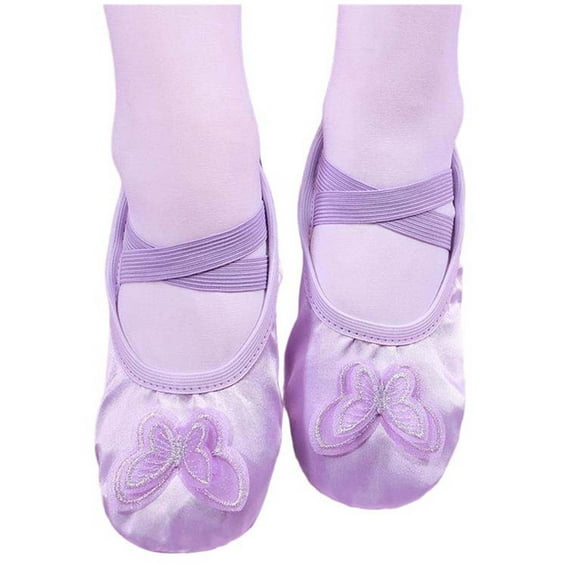 Xfvqtps Ballet Shoes for Girls Soft Sole Non Slip Cross Elastic Straps Butterfly Embroidery Satin Dance Shoes for Gymnastics Performance Purple