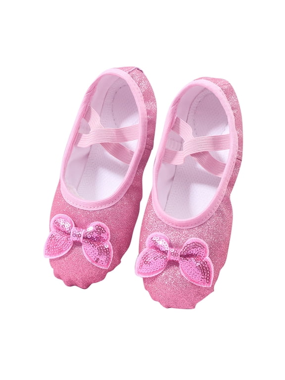 Ballet Shoes for Girls Soft Sole Non Slip Cross Elastic Straps Glitter Bow Dance Shoes for Gymnastics Performance Pink