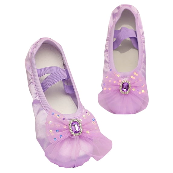 Xfvqtps Ballet Shoes for Girls Soft Sole Non Slip Cross Elastic Straps Mesh Glitter Rhinestone Canvas Dance Shoes for Gymnastics Performance Purple