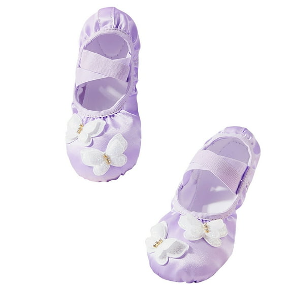 Xfvqtps Ballet Shoes for Girls Soft Sole Non Slip Cross Elastic Straps Rhinestone Butterfly Decor Satin Dance Shoes for Gymnastics Performance Purple