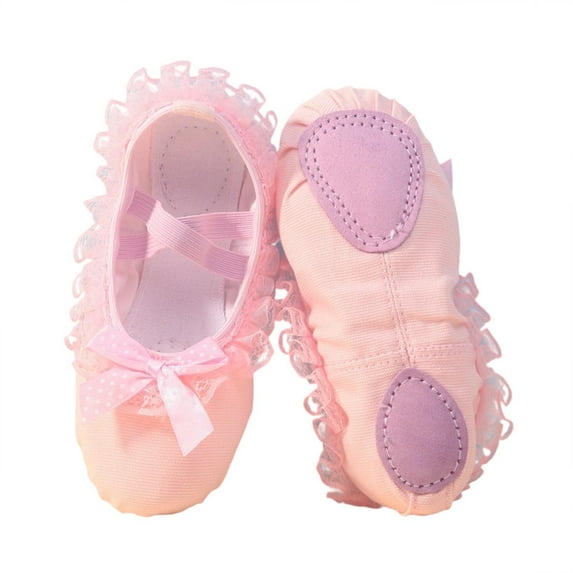 Xfvqtps Ballet Shoes for Girls Soft Sole Non Slip Cross Elastic Straps Solid Color Bow Lace Edge Canvas Dance Shoes for Gymnastics Performance Beige