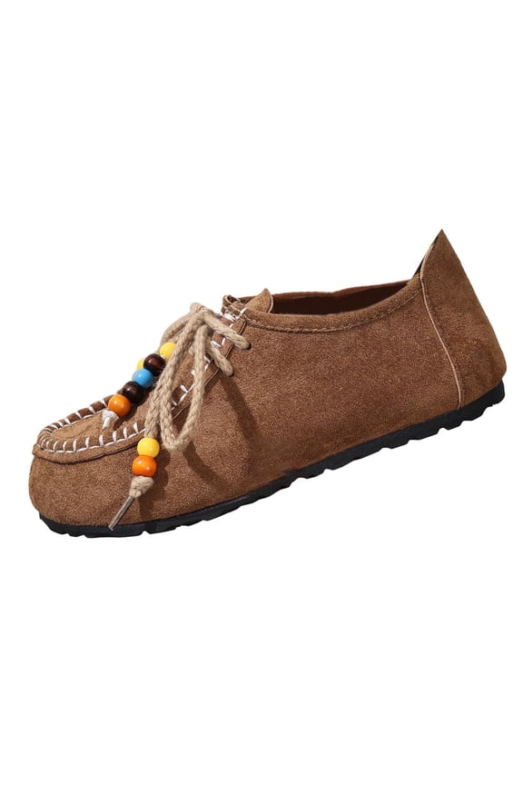 Beaded Moccasins Womens Bohemian Shoes Slip on Flats Comfortable Casual Ethnic Shoes Soft Sole Flat Shoes for Women Outdoor Indoor Wear Coffee