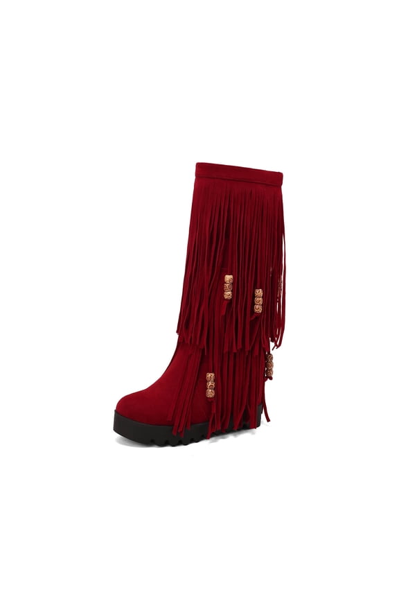 Beaded Tassel Boots for Women Ethnic Boho Fashion High Top Boots Low Heel Round Toe Chunky Sole Comfortable Casual Winter Fashion Boots Red