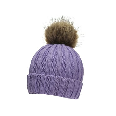 Xfvqtps Beanie for Child with Plush Pompom Faux Fur Knitted Cuffed Solid Color Simplicity Stretch Soft Windproof Coldproof Warm Winter Skull Cap Purple