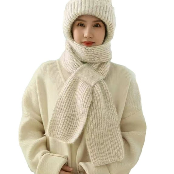 Xfvqtps Beanie Hat Scarf Integrated for Womens Knitted Solid Color Simplicity Plush Lining Thickened Stretch Soft Windproof Coldproof Outdoor Warm Winter Beanie Scarf Set Beige