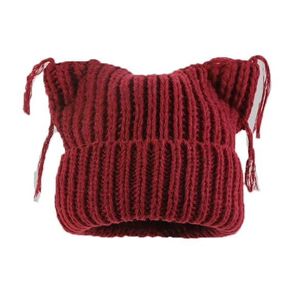 Xfvqtps Beanie Hats for Women Knitted Cute Cat Ears Tassels Y2K Cuffed Solid Color Personality Warm Winter Skull Cap Wine