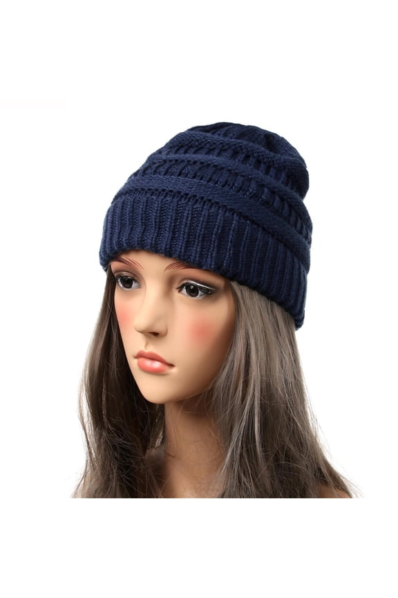 Beanie for Womens Knit Crochet Solid Color Simplicity Ribbed Versatile Outdoor Chunky Stretch Windproof Coldproof Thickened Soft Warm Winter Slouchy Hat Navy