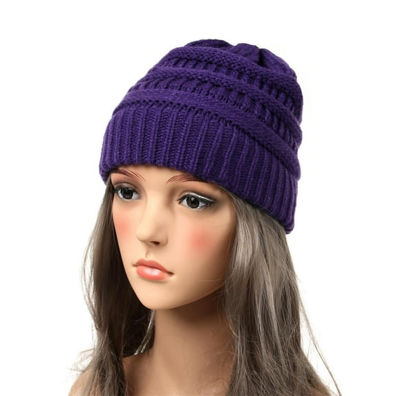Xfvqtps Beanie for Womens Knit Crochet Solid Color Simplicity Ribbed Versatile Outdoor Chunky Stretch Windproof Coldproof Thickened Soft Warm Winter Slouchy Hat Purple