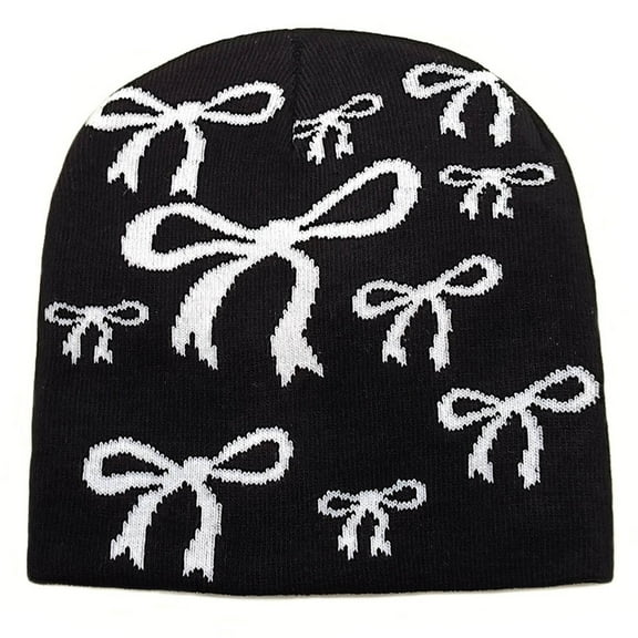 Xfvqtps Beanie for Womens Bow Knit Y2K Hip-Hop Foldable Stretch Fashion Versatile Warm Soft Fall Winter Skull Cap Black