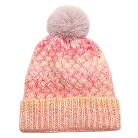Xfvqtps Beanie for Womens Plush Pompom Gradient Color Knit Fashion Versatile Thickened Windproof Coldproof Warm Winter Skull Cap Pink