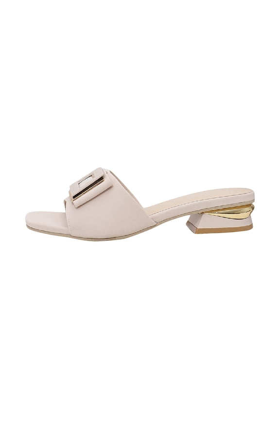 Block Heel Sandals for Women Slide Low Heel Open Square Toe Metal Decoration Breathable Non Slip Beach Summer Slide Sandals Beige