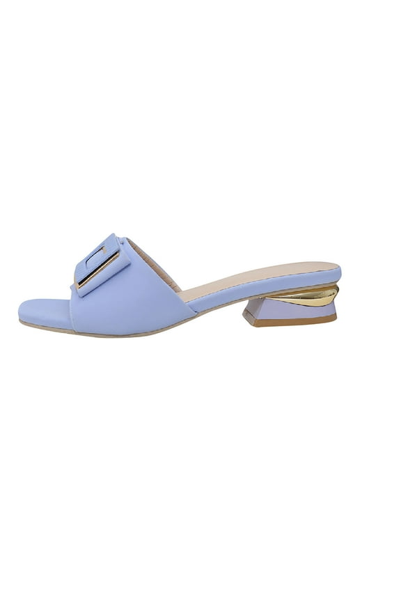 Block Heel Sandals for Women Slide Low Heel Open Square Toe Metal Decoration Breathable Non Slip Beach Summer Slide Sandals Blue