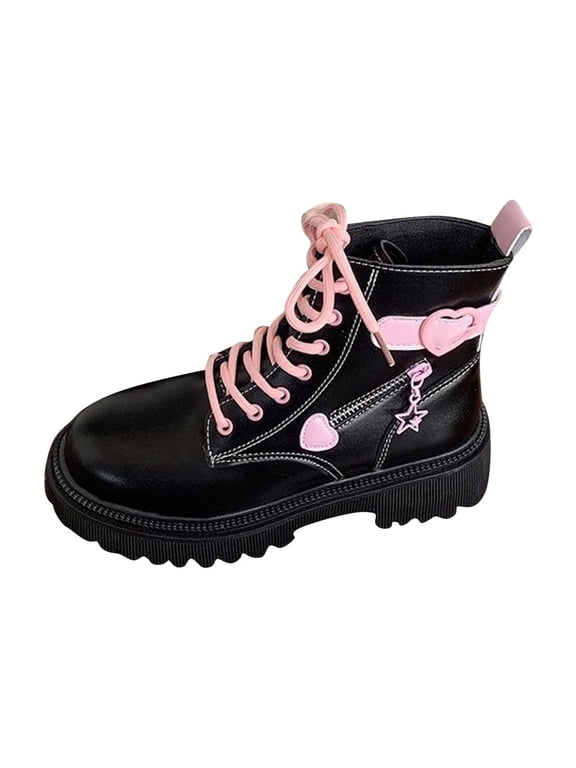 Boots for Women Fashion Winter Ankle Booties Chunky Sole Mid Heel Lace up Side Zipper Comfortable Casual Shoes Colorblock Heart Black