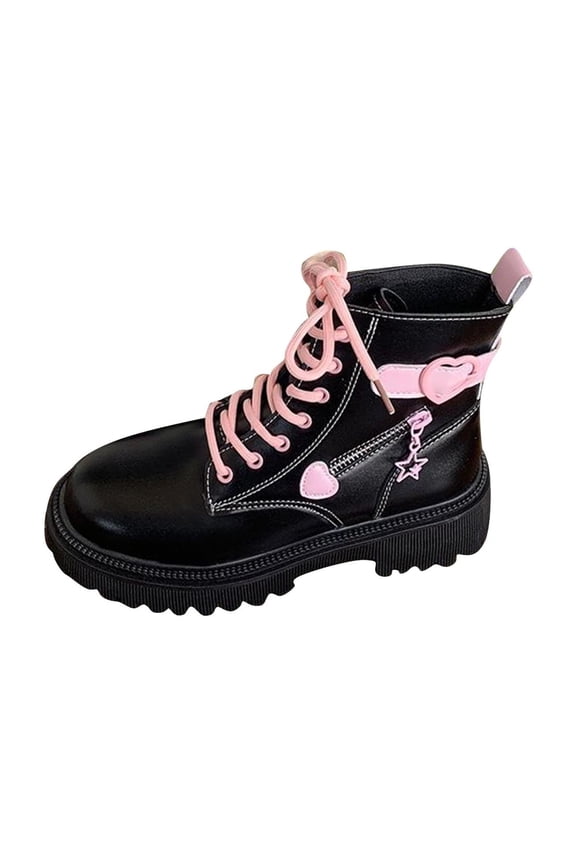 Boots for Women Fashion Winter Ankle Booties Chunky Sole Mid Heel Lace up Side Zipper Comfortable Casual Shoes Colorblock Heart Black