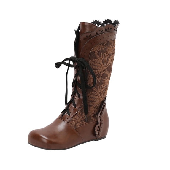 Xfvqtps Boots for Women Winter Boots Vintage Boho Flat Mid Calf Booties Lace up Round Toe Embroidered Design Fleece Lined Comfortable Shoes