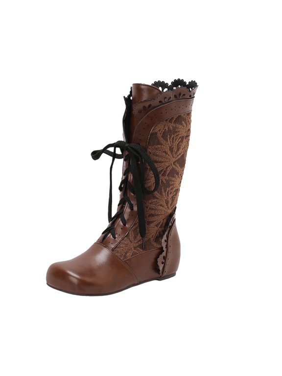 Boots for Women Winter Boots Vintage Boho Flat Mid Calf Booties Lace up Round Toe Embroide Design Fleece Lined Comfortable Shoes