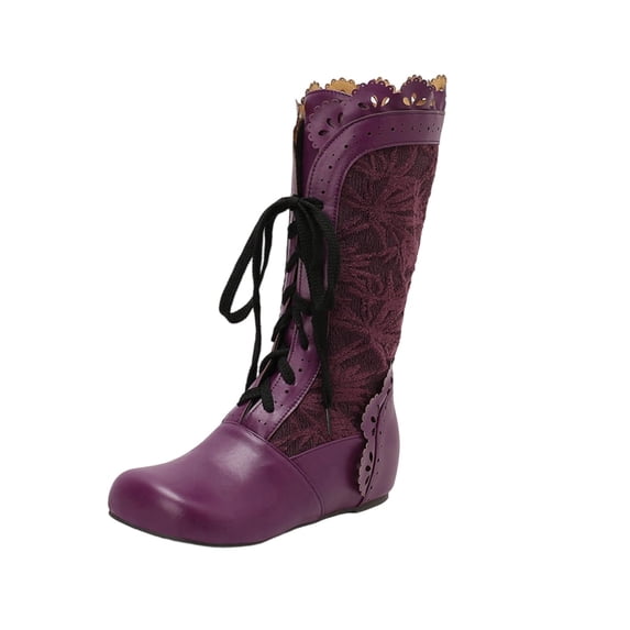 Xfvqtps Boots for Women Winter Boots Vintage Boho Flat Mid Calf Booties Lace up Round Toe Embroide Design Fleece Lined Comfortable Shoes