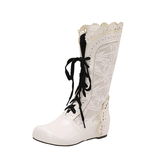 Xfvqtps Boots for Women Winter Boots Vintage Boho Flat Mid Calf Booties Lace up Round Toe Embroide Design Fleece Lined Comfortable Shoes