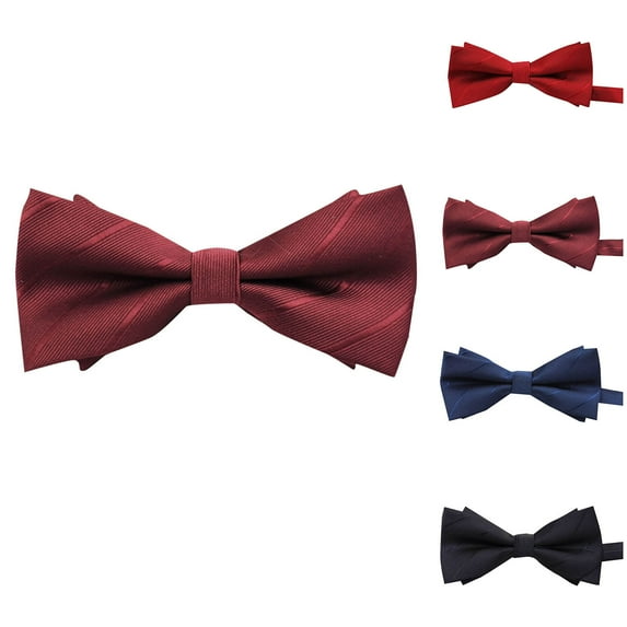 Xfvqtps Bow Ties for Men Solid Color Stripe Adjustable Pre-Tied Neckties Double Layer Bow for Wedding Party Wine