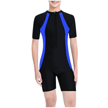 Xfvqtps Boys and Girls Teen One Piece Swimsuit Short Sleeve Zipper Color Blocking Sunscreen Beach Surfing Jumpsuit Bathing Suits Swimming Training Clothes Blue