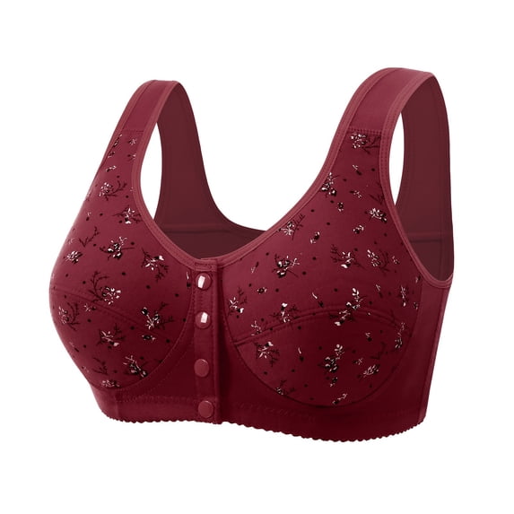 Xfvqtps Bras for Women No Underwire Front Closure Flower Print Comfort Senior Wireless Snap Closing Bra Wine