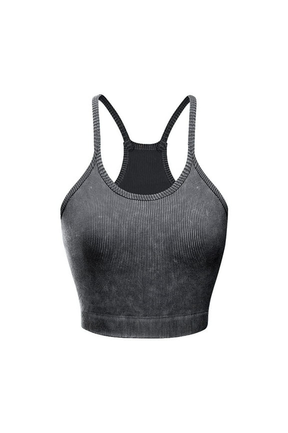 Built in Bra Tank Tops for Women Racerback Sleeveless Rib Spaghetti Strap Solid Color Crop Tank Top Black