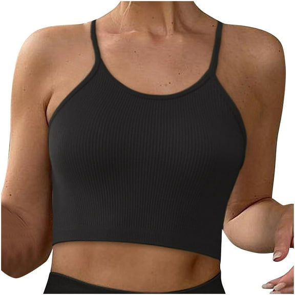 Xfvqtps Built in Bra Tank Tops for Women Racerback Sleeveless Rib Spaghetti Strap Solid Color Crop Tank Top Black