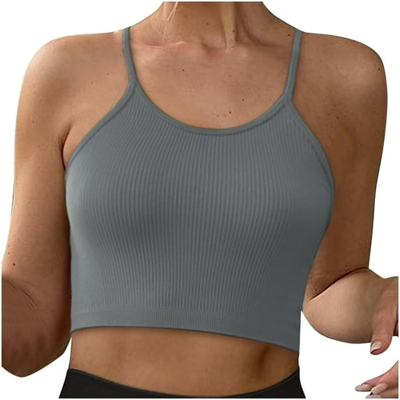 Xfvqtps Built in Bra Tank Tops for Women Racerback Sleeveless Rib Spaghetti Strap Solid Color Crop Tank Top Dark Gray