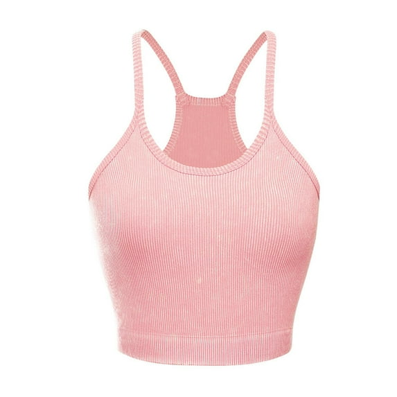 Xfvqtps Built in Bra Tank Tops for Women Racerback Sleeveless Rib Spaghetti Strap Solid Color Crop Tank Top Pink