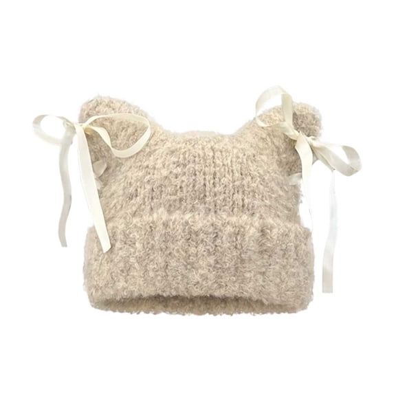Xfvqtps Cat Ear Beanie for Women with Lace Bowknot Knitted Fleece Cuffed Solid Color Y2K Accessories Playful Windproof Coldproof Warm Winter Slouchy Hat Khaki