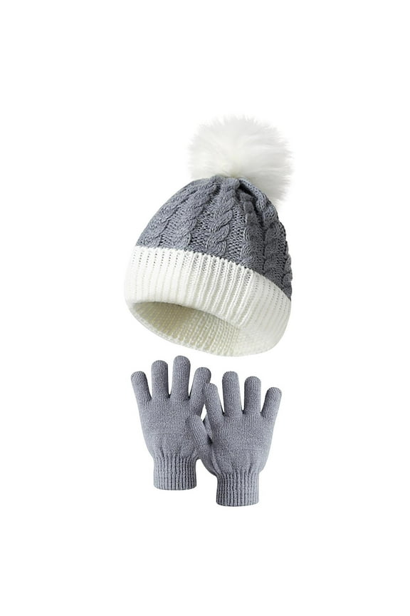 Child 2PCS Beanie and Mittens Set Knitted Fuzzy Pompom Color Blocking Windproof Coldproof Warm Thickened Fall Winter Soft Skull Cap and Gloves Gray