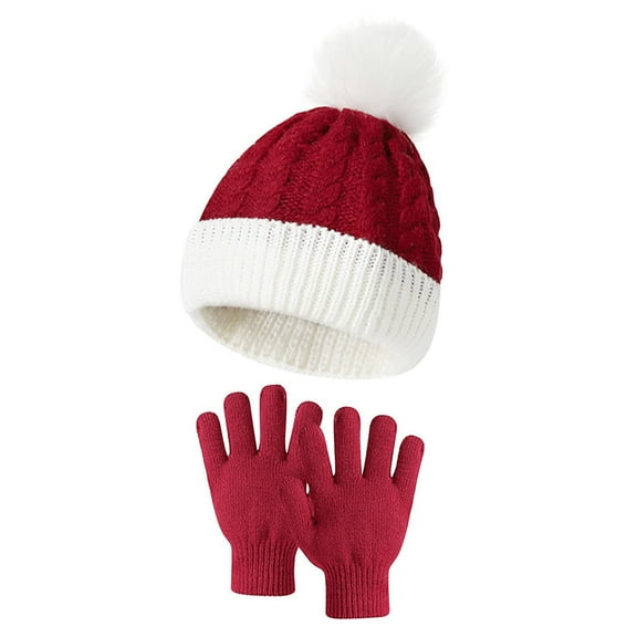 Xfvqtps Child 2PCS Beanie and Mittens Set Knitted Fuzzy Pompom Color Blocking Windproof Coldproof Warm Thickened Fall Winter Soft Skull Cap and Gloves Wine