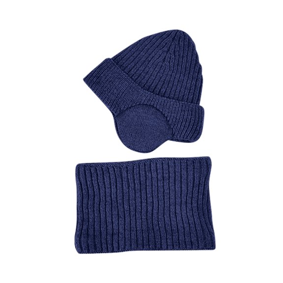 Xfvqtps Child 2PCS Beanie Scarf Set with Ear Flap Plush Lining Solid Color Simplicity Thickened Windproof Coldproof Warm Winter Hat and Neck Scarf Set for 4-10 Years Navy