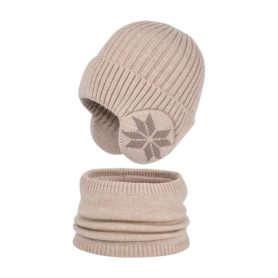 Xfvqtps Child 2PCS Hat Scarf Set with Ear Flap Plush Lining Snowflake Embroidery Solid Color Simplicity Thickened Windproof Coldproof Warm Winter Hat and Neck Scarf for 4-10 Years Beige