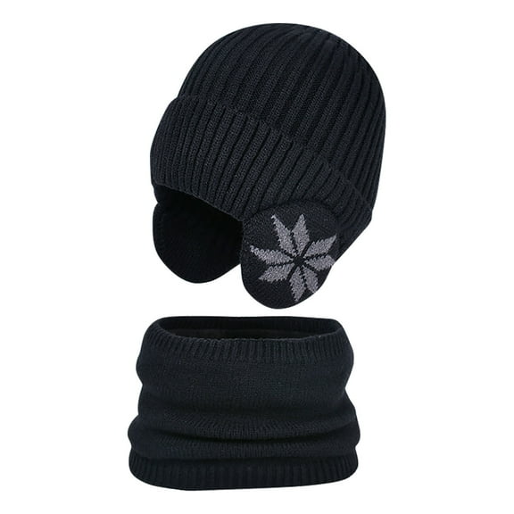 Xfvqtps Child 2PCS Hat Scarf Set with Ear Flap Plush Lining Snowflake Embroidery Solid Color Simplicity Thickened Windproof Coldproof Warm Winter Hat and Neck Scarf for 4-10 Years Black