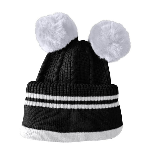 Xfvqtps Child 3 in 1 Beanie Face Neck Warmer Set Knit Cute Cartoon Ear Stripe Stretch Windproof Coldproof Warm Thickened Winter One Piece Skull Cap Neck Circle Scarf Set Black