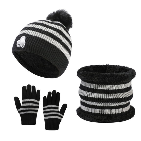 Xfvqtps Child 3 PCS Beanie Neck Scarf Glove Set Cute Car Pattern Stripe Knitted Plush Lining Stretch Soft Thickened Windproof Coldproof Warm Winter Hat Scarf Glove Set for 1-6 Years Black