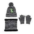thumbnail image 1 of Xfvqtps Child 3 PCS Beanie Neck Scarf Glove Set Dinosaur Pattern Plush Pompom Knitted Plush Lining Thickened Windproof Coldproof Warm Winter Hat Neck Scarf Glove Set for 1-6 Years Black, 1 of 1