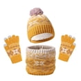 thumbnail image 1 of Xfvqtps Child 3 PCS Beanie Neck Scarf Glove Set Snowflake Print Plush Pompom Knitted Plush Lining Stretch Soft Thickened Windproof Coldproof Warm Winter Hat Scarf Glove Set for 1-6 Years Yellow, 1 of 3