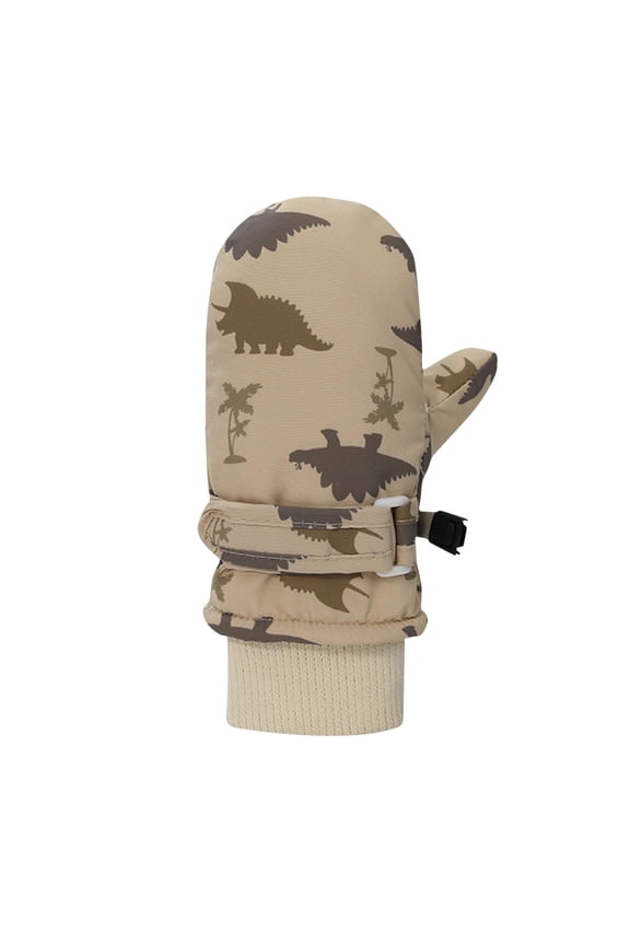 Child Girls Boys Skiing Gloves Adjustable Plush Lining Cute Cartoon Dinosaur Full Finger Non-Slip Waterproof Windproof Warm for Cold Weather Outdoor Cycling Winter Mittens Khaki