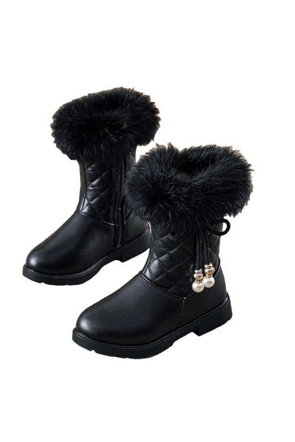 Child Girls Mid Tube Boots Bow Pearl Sweet Cute Leather Upper Furry Calf Plush Lining Thickened Diamond Pattern Non Slip Thick Bottom Warm Winter Snow Boots Black