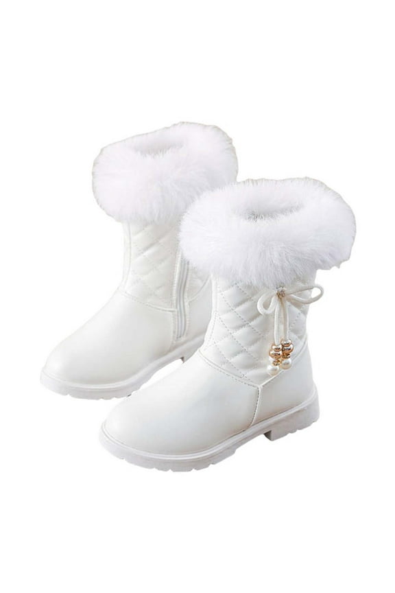 Child Girls Mid Tube Boots Bow Pearl Sweet Cute Leather Upper Furry Calf Plush Lining Thickened Diamond Pattern Non Slip Thick Bottom Warm Winter Snow Boots White