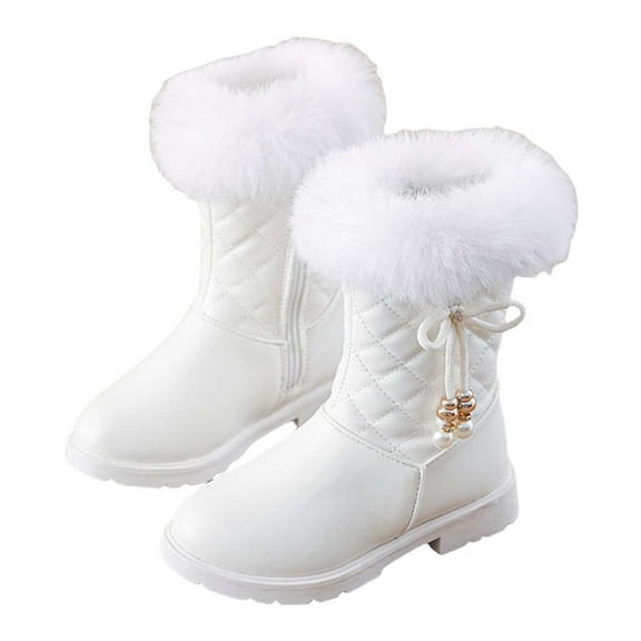 Xfvqtps Child Girls Mid Tube Boots Bow Pearl Sweet Cute Leather Upper Furry Calf Plush Lining Thickened Diamond Pattern Non Slip Thick Bottom Warm Winter Snow Boots White