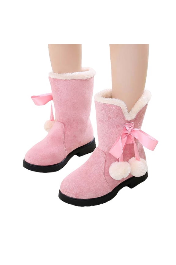 Child Girls Mid Tube Boots Bow Plush Pompom Lace Sweet Cute Suede Upper Plush Lining Thickened Slip on Solid Color Non Slip Thick Bottom Warm Winter Snow Boots Pink