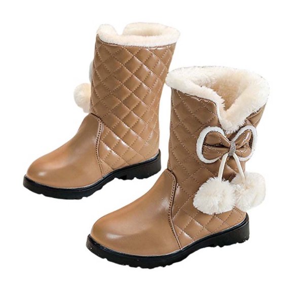 Xfvqtps Child Girls Mid Tube Boots Bow Plush Pompom Sweet Cute Leather Upper Plush Lining Thickened Slip on Diamond Pattern Non Slip Thick Bottom Warm Winter Snow Boots Khaki