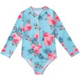 thumbnail image 1 of Xfvqtps Child Girls One Piece Swimsuit Long Sleeve Front Zipper Sun Protection Quick Dry Flower Print Colorful Stretchy Beach Summer Bathing Suits Swimwear for 4-12 Years Blue-03, 1 of 10