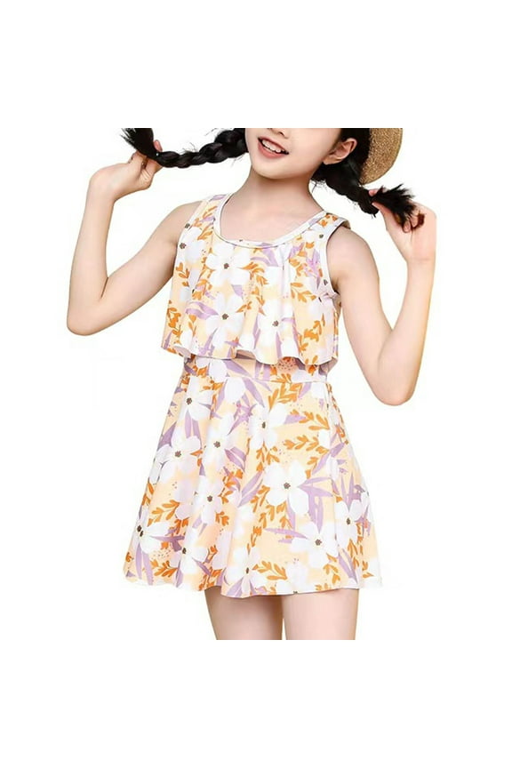 Child Girls One Piece Swimsuit with Shorts Skirt Hemt Double Ruffle Sleeveless Flower Print Cute Sweet Beach Summer Bathing Suits Swimwear for 4-14 Years Yellow
