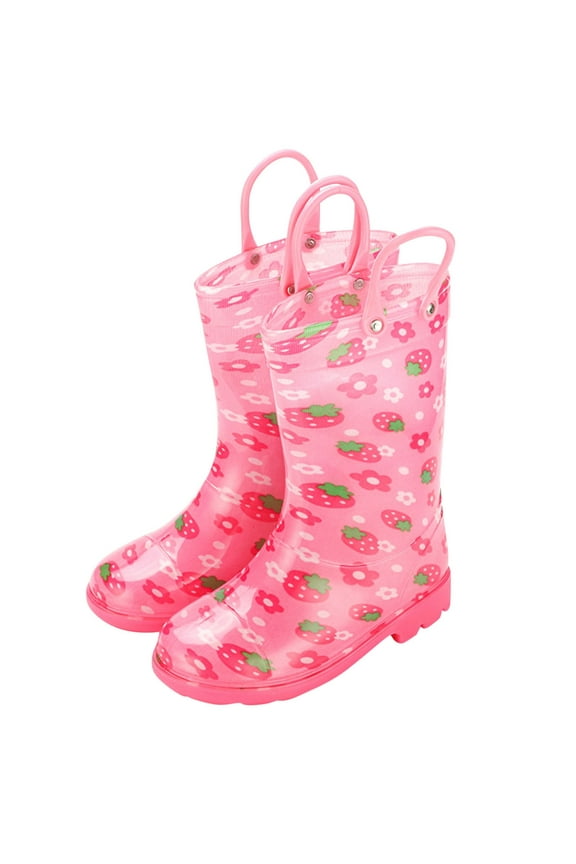 Child Girls Rain Boots with Handles Long Calf Flower Strawberry Print Sweet Cute Waterproof Non Slip Light up Rubber Sole Garden Shoes Outdoor EVA Rain Shoes for 5-12 Years Pink