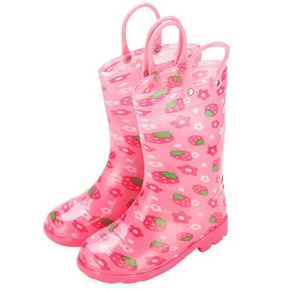 Xfvqtps Child Girls Rain Boots with Handles Long Calf Flower Strawberry Print Sweet Cute Waterproof Non Slip Light up Rubber Sole Garden Shoes Outdoor EVA Rain Shoes for 5-12 Years Pink
