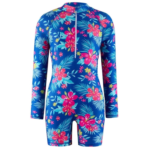 Xfvqtps Child Girls Rash Guard One Piece Swimsuit Front Zipper Long Sleeve Sun Protection Flower Print Colorful Stretchy Beach Summer Bathing Suits Swimwear for 4-11 Years Blue-01